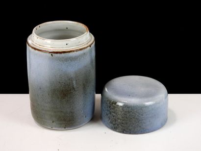 Covered cylindrical box in blue and brown...