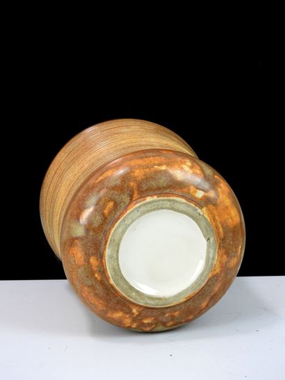 Brown-glazed ceramic cylindrical vase with...