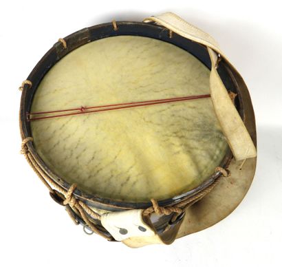 EQUIPMENT. Brass case drum, dark blue wooden...