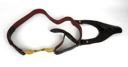 EQUIPMENT. Black patent leather sword belt,...