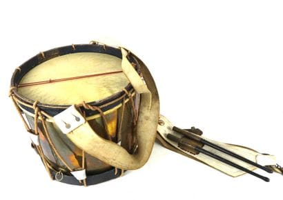 EQUIPMENT. Brass case drum, dark blue wooden...