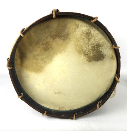 EQUIPMENT. Brass case drum, dark blue wooden...