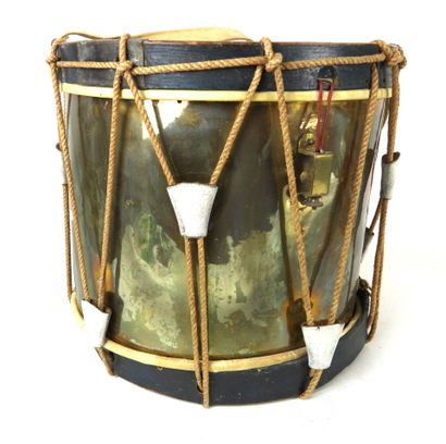 EQUIPMENT. Brass case drum, dark blue wooden...