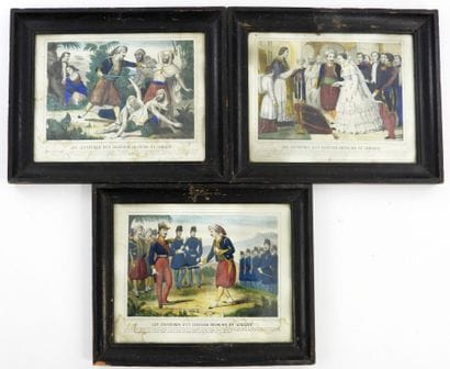 GRAVURES. Suite de 3 lithographies rehaussées...