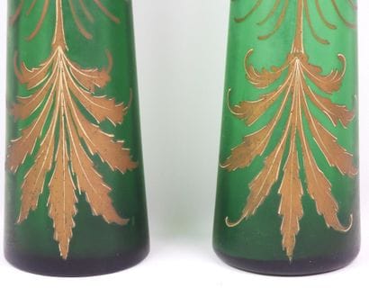 In the style of LEGRAS. Pair of green glass...