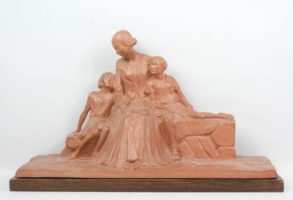 Yvon ROY (XXe) - Femme et enfants assis sur...
