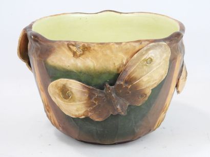 CACHE-POT en céramique marron, ocre et verte,...