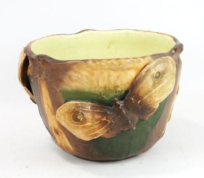 CACHE-POT en céramique marron, ocre et verte,...