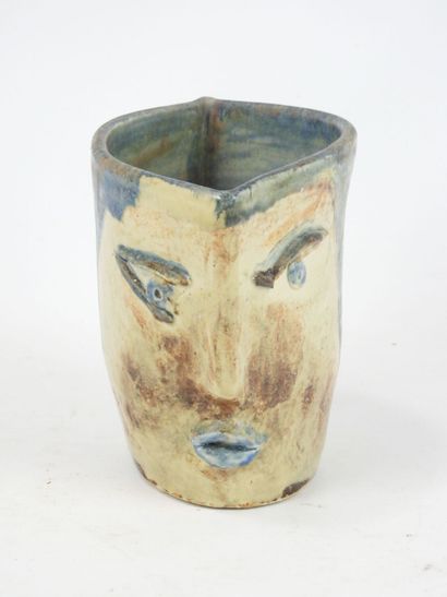 CACHE-POT oblong en grès émaillé bleu et...