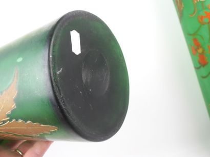 In the style of LEGRAS. Pair of green glass...