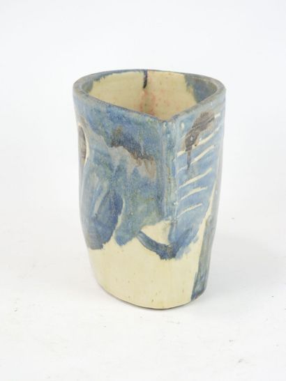 CACHE-POT oblong en grès émaillé bleu et...
