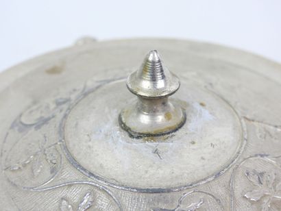 LEGRAS. Enameled glass cookie jar decorated...