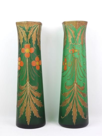 In the style of LEGRAS. Pair of green glass...