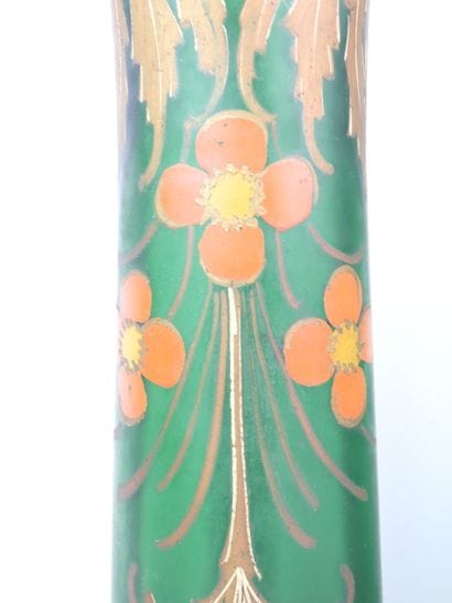 In the style of LEGRAS. Pair of green glass...