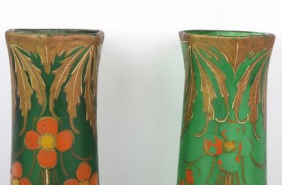 In the style of LEGRAS. Pair of green glass...