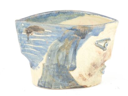 CACHE-POT oblong en grès émaillé bleu et...
