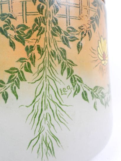LEGRAS. Enameled glass cookie jar decorated...