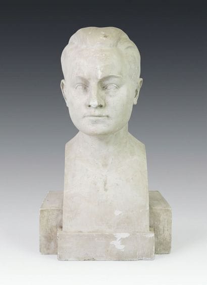 Bust of a man, viewed from the front. Plaster...