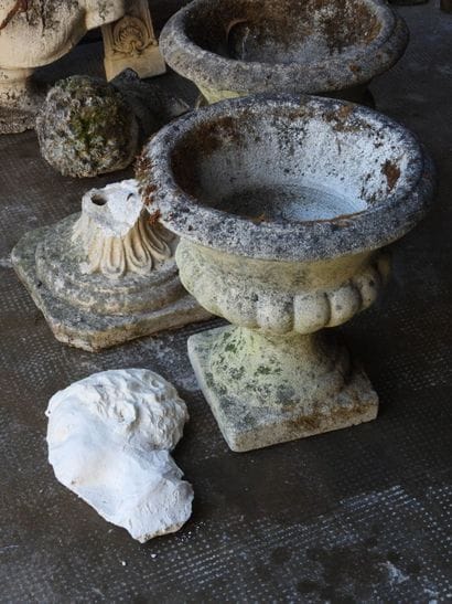 Set of garden ornaments including a pinecone,...
