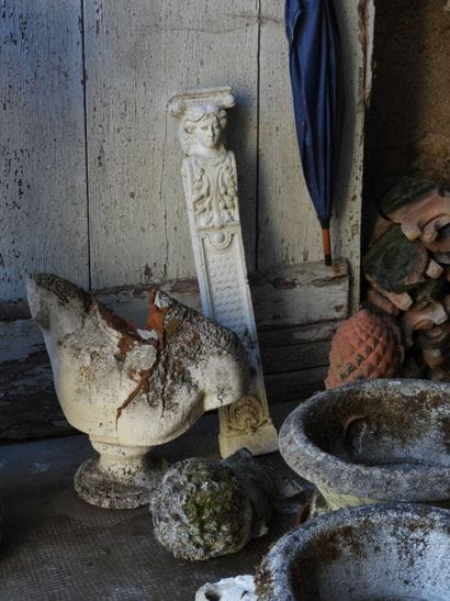Set of garden ornaments including a pinecone,...