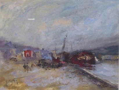 Michel CALVET (1956): Scène de port. Huile...
