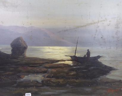PAQUET: Barque de pécheurs. Huile sur toile....