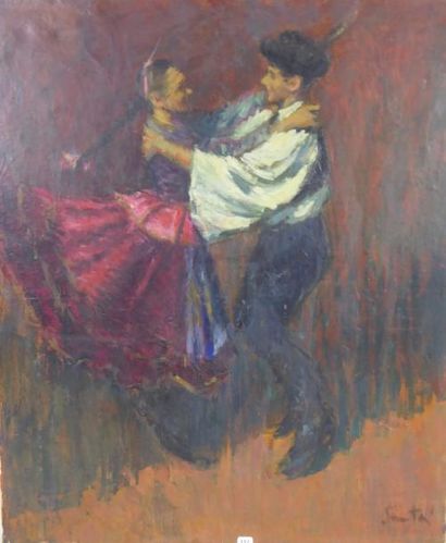 Scène de danse traditionnelle. Huile sur...