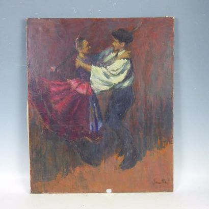 Scène de danse traditionnelle. Huile sur...