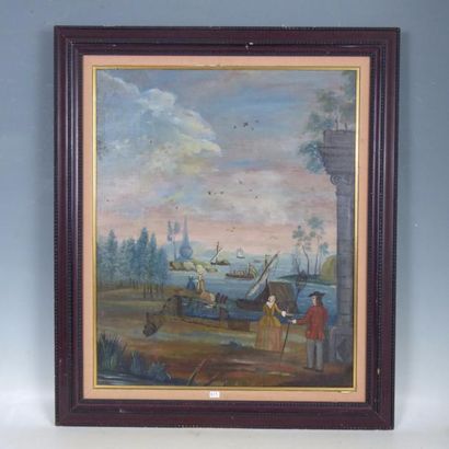 Scène de pêche. Huile sur toile. XIXème siècle....