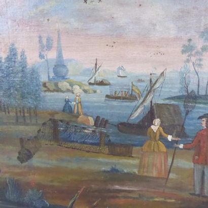 Scène de pêche. Huile sur toile. XIXème siècle....
