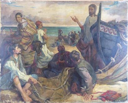 La pêche miraculeuse. Huile sur toile. Porte...