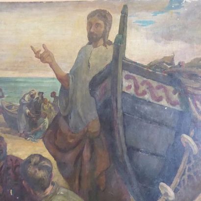 La pêche miraculeuse. Huile sur toile. Porte...