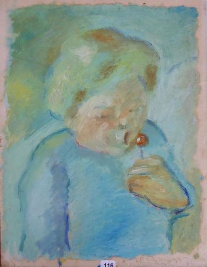 Fillette à la sucette. Huile sur papier....