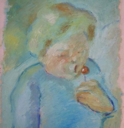 Fillette à la sucette. Huile sur papier....