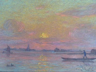 Barque et voilier au soleil couchant. Crayon...