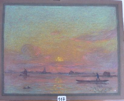Barque et voilier au soleil couchant. Crayon...