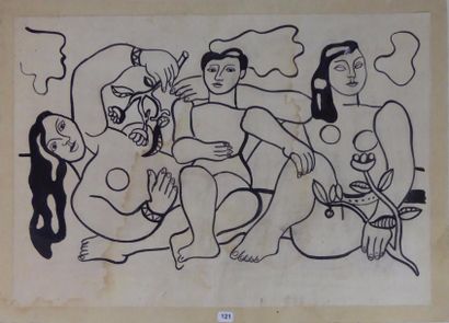 Trois femmes aux fleurs. Dessin à l’encre....
