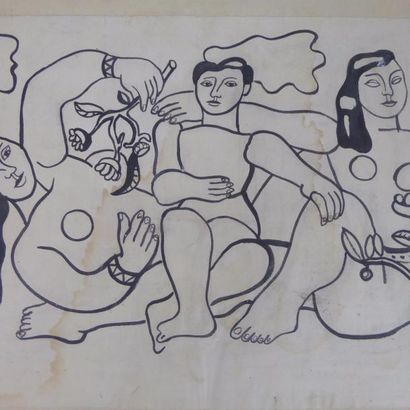 Trois femmes aux fleurs. Dessin à l’encre....