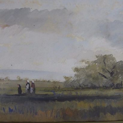 Trois personnages dans les champs. Huile...