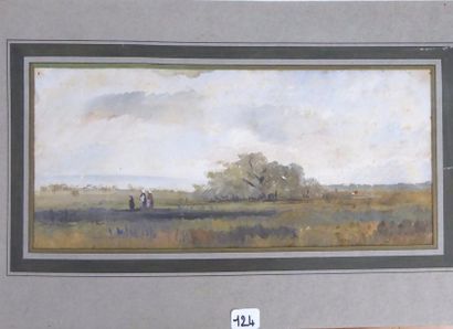 Trois personnages dans les champs. Huile...