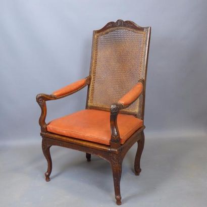 FAUTEUIL CANNE à haut dossier en bois naturel...