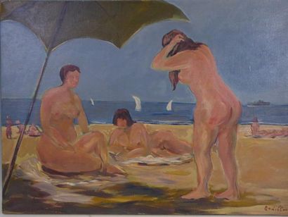 Les baigneuses à la plage. Huile sur toile....