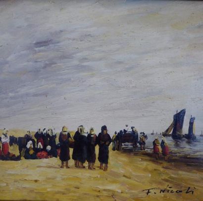 François NICOLI (XX) : Scène de plage. Huile...