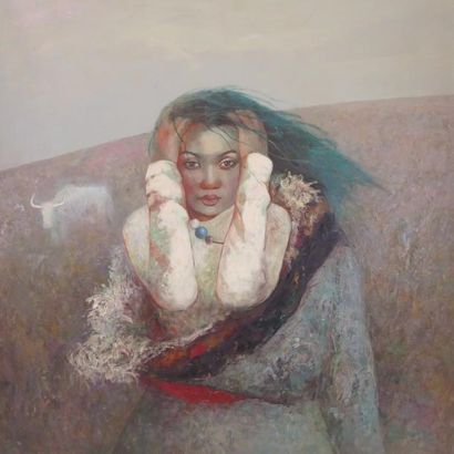ZHANG JUN (XXe) : Tibétaine. Huile sur toile....