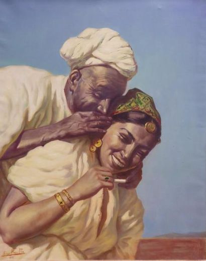 Couple oriental chuchotant à l’oreille. Huile...