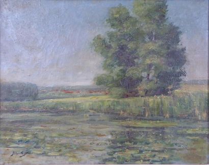 Paysage près d'une rivière. Huile sur toile....