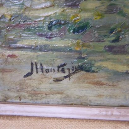 Paysage près d'une rivière. Huile sur toile....