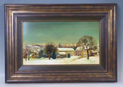 Evariste LAMY : Ferme sous la neige. Huile...