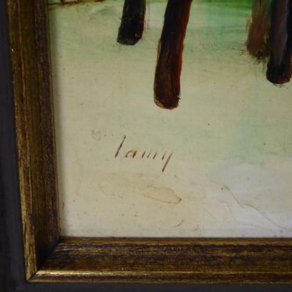 Evariste LAMY : Ferme sous la neige. Huile...