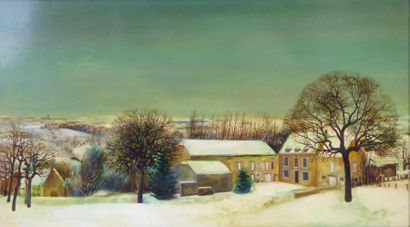 Evariste LAMY : Ferme sous la neige. Huile...